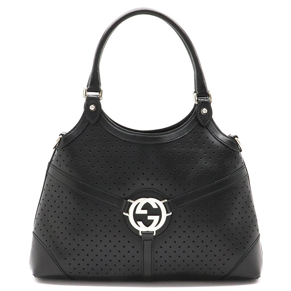 Gucci Interlocking G Shoulder Bag Hobo Handbag Perforated Leather Black